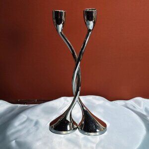 Red Envelope Pair of Silver Tone Unity Twist Candlestick Holders - Love